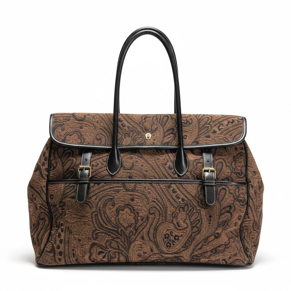 Vintage Etienne Aigner Carpet Bag Black Tapestry Satchel Travel Multicolor Tote